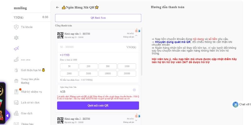 Nạp tiền bet88 quét QR